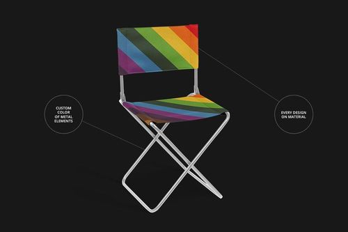 PSD mockup of a folding chair with a vibrant rainbow pattern, displayed on a dark background with highlighted features.