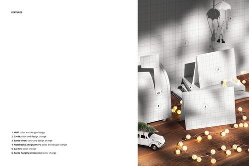 Christmas scene mockup featuring greeting cards, a white toy car with a tree, and string lights on a wooden surface.