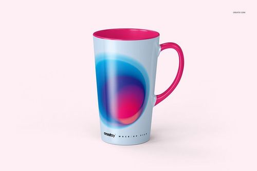Front view of a 17 oz latte mug with a pink handle and interior, featuring a blue and magenta abstract design on a light background.