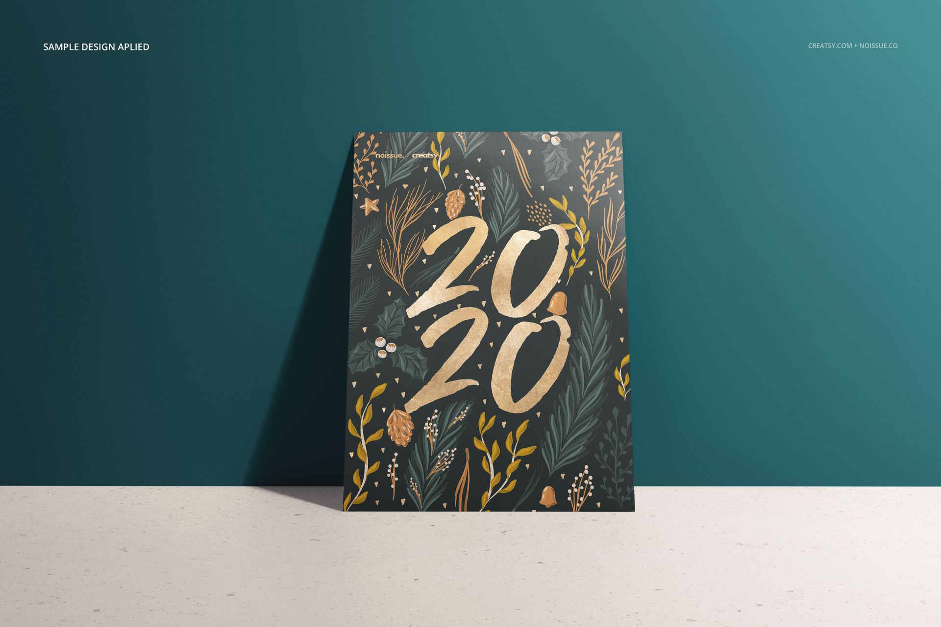 Front view of a vertical card mockup with gold and white botanical design and large 2020 numbers on a dark background.