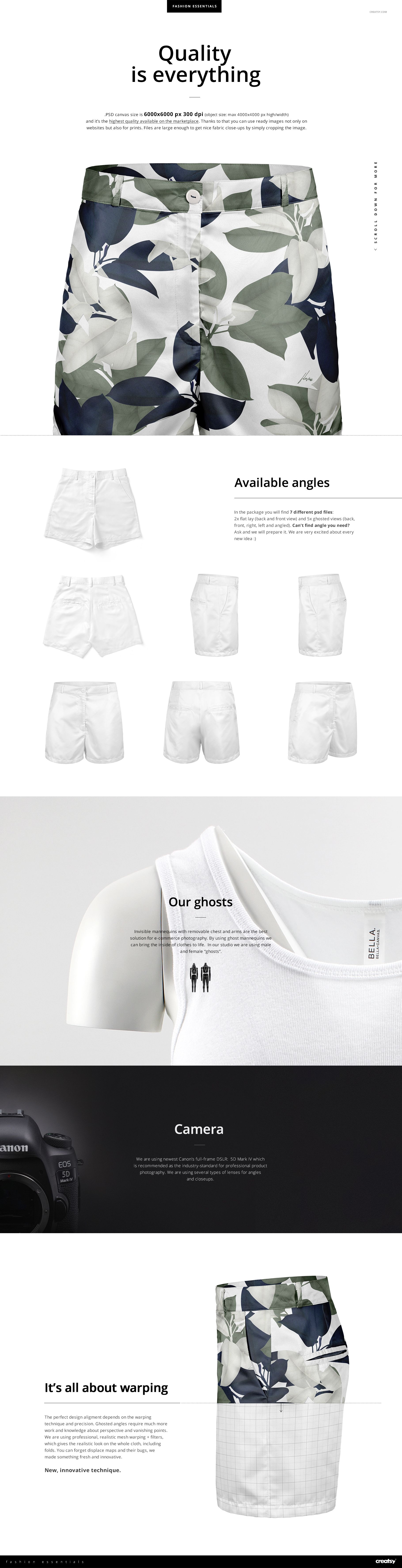 Women’s polyester shorts mockup featuring a leafy camouflage pattern in green, gray, and white, shown front view.