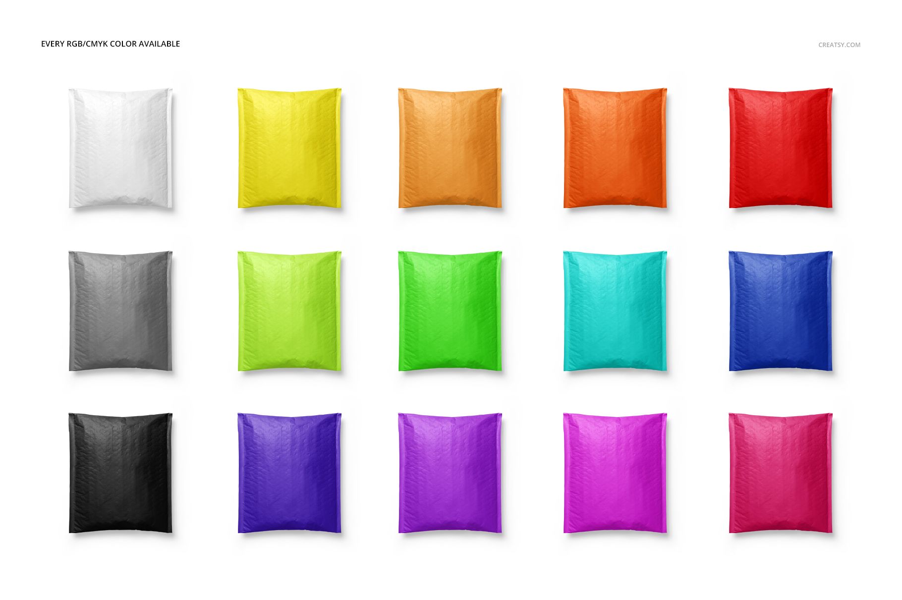 PSD mockup featuring sixteen bubble mailers in different vibrant colors, displayed in a four-by-four arrangement.