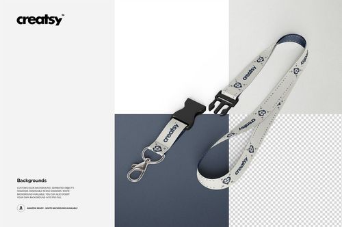 Lanyard mockup featuring a detachable clasp and printed strap, displayed on a light background with transparent section.