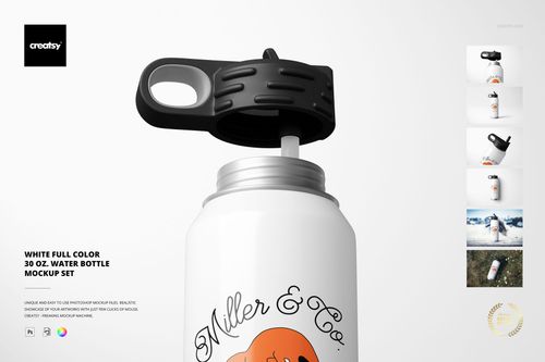 Mockup of a white water bottle featuring a black screw-on lid and orange graphic, displayed from a frontal angle.