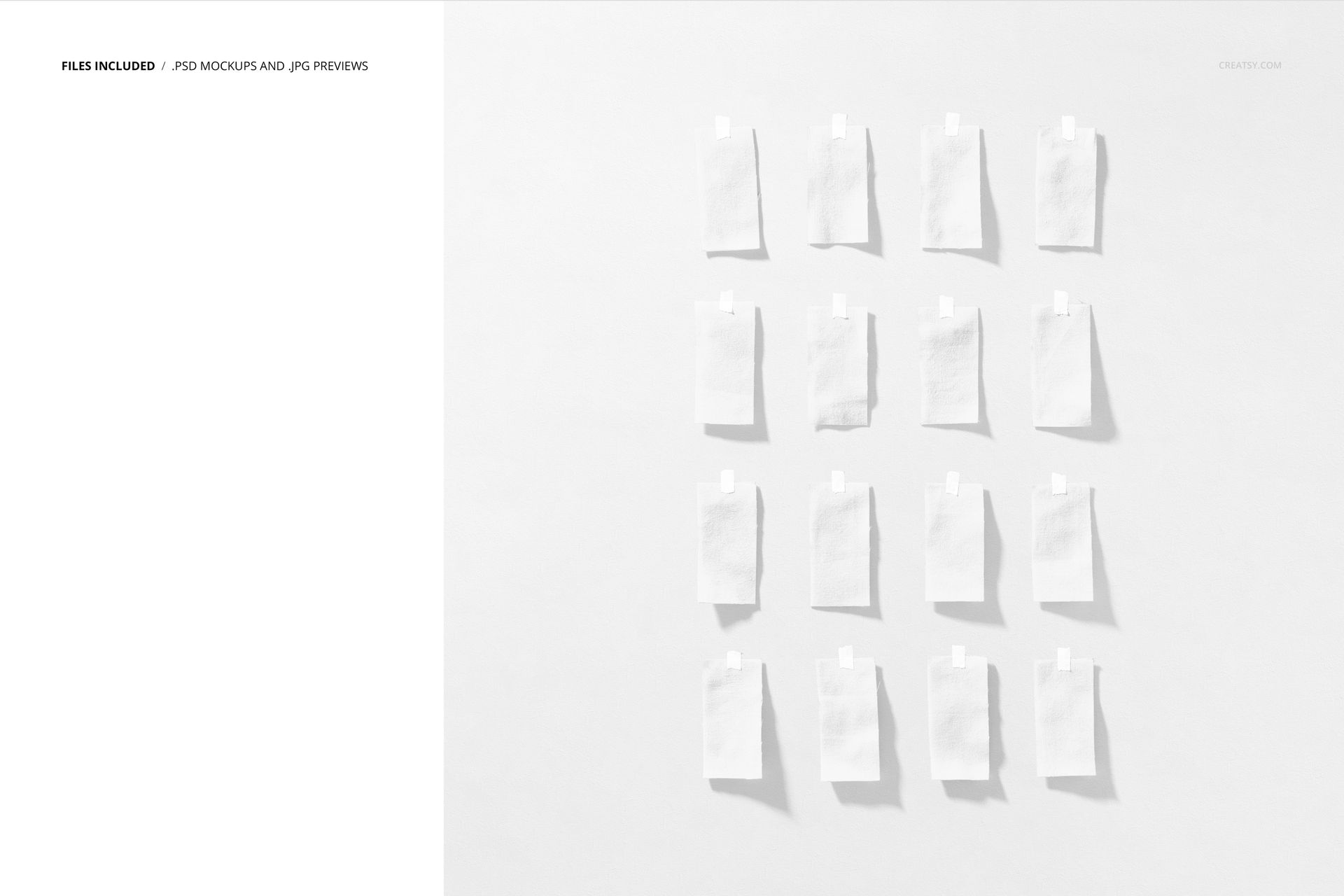 Fabric pieces arranged in four rows on a light background, each swatch taped at the top, front view mockup.