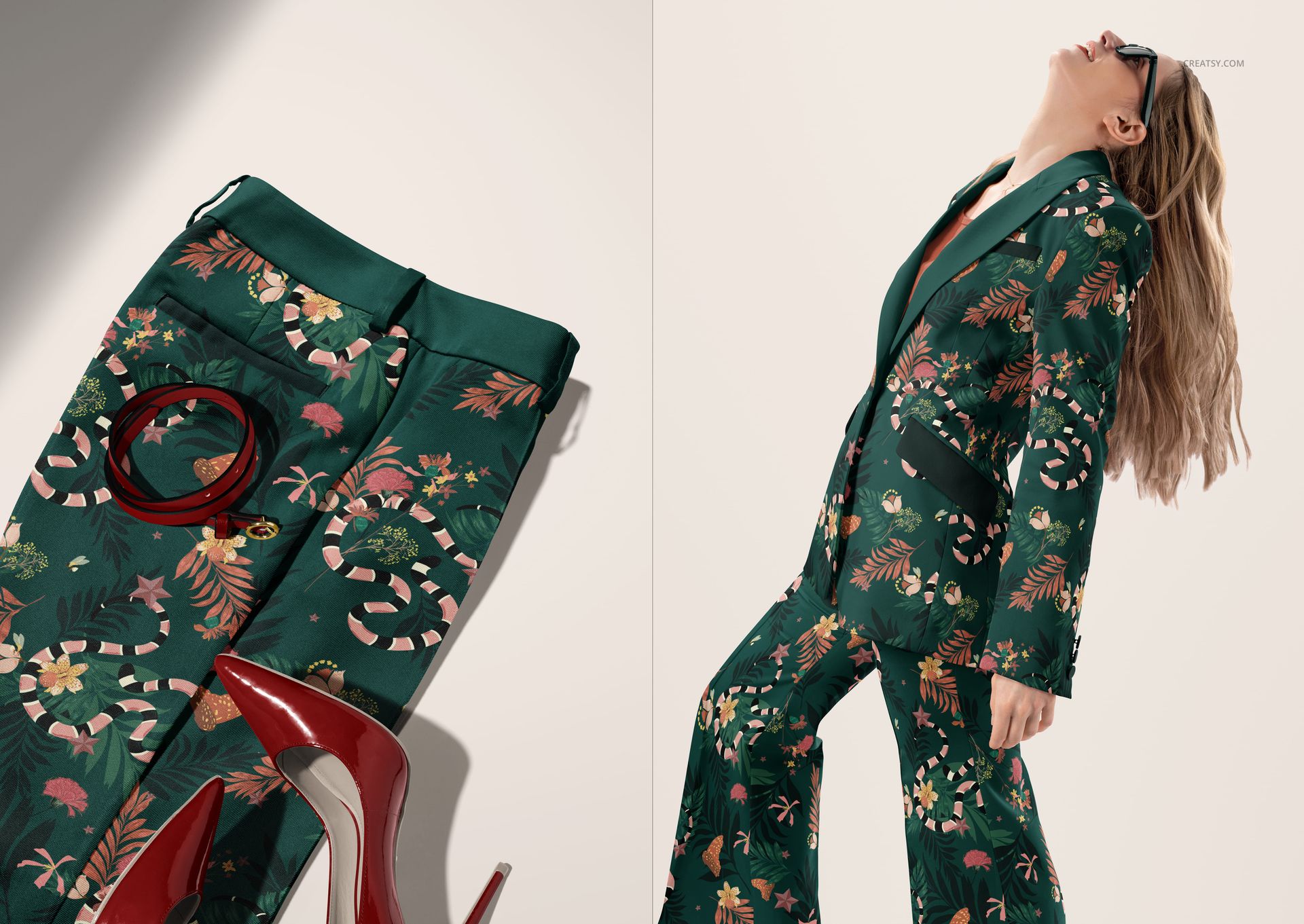Floral-patterned blazer and trousers two-piece suit mockup with green base, shown flat lay and worn by a model.