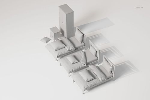 Three kids beds with pillows and bedding arranged in a row, shown from a high angle with a wardrobe and nightstand.