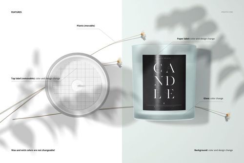 Frosted glass candle mockup shown from top and front angles, featuring a black square label and minimal plant stems.