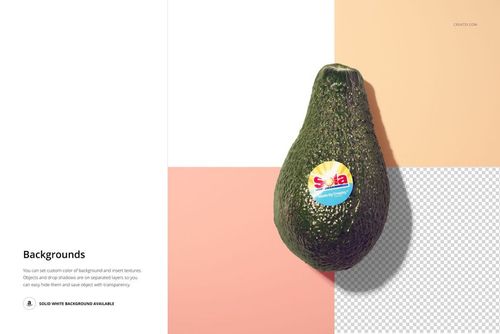 Round fruit sticker mockup featuring an avocado with a colorful label, displayed on a geometric pastel background.