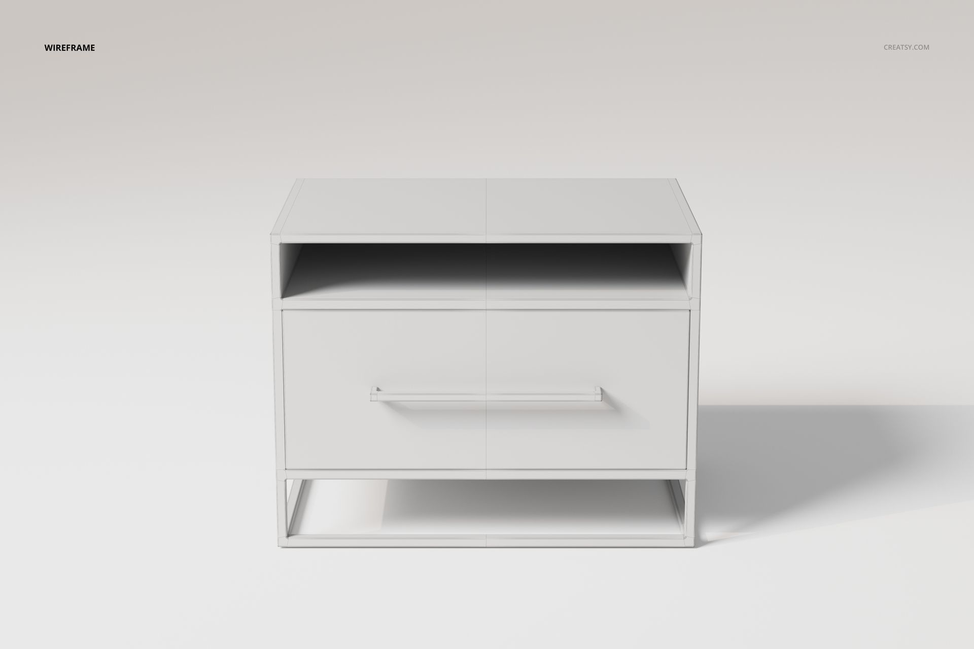 Front view of a white bedside table with one drawer and an open shelf, shown on a plain light background.