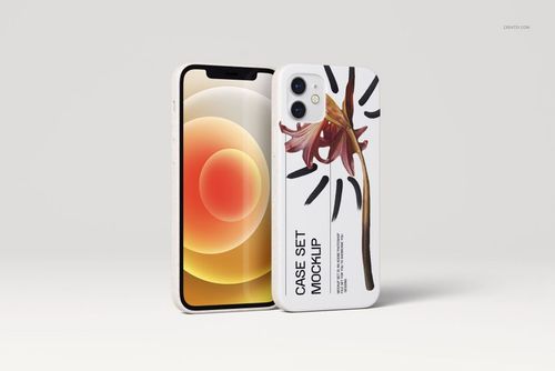 PSD mockup of an iPhone 12 and eco-friendly case with a flower print, shown from front and rear angles on a light background.