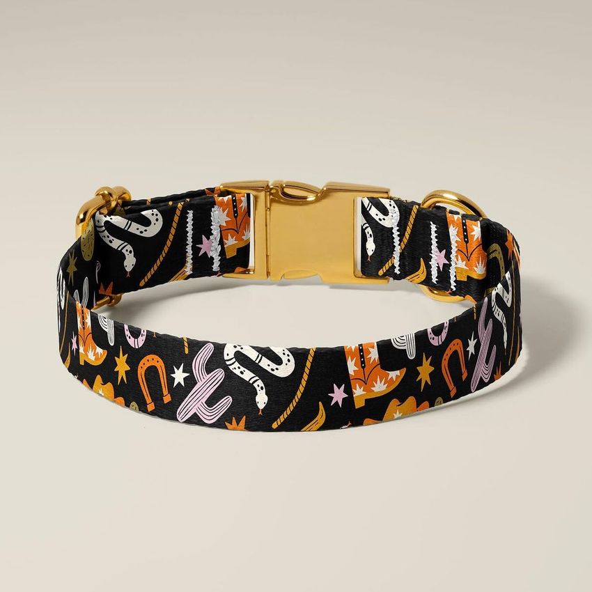 Dog collar mockup featuring a black collar with a colorful cowboy-themed pattern, gold buckle, and neutral background.