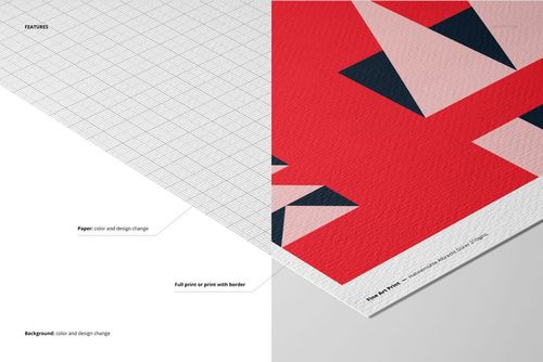 Close-up top view of a fine art print mockup on textured Hahnemühle Albrecht Dürer paper with geometric red and pink design.