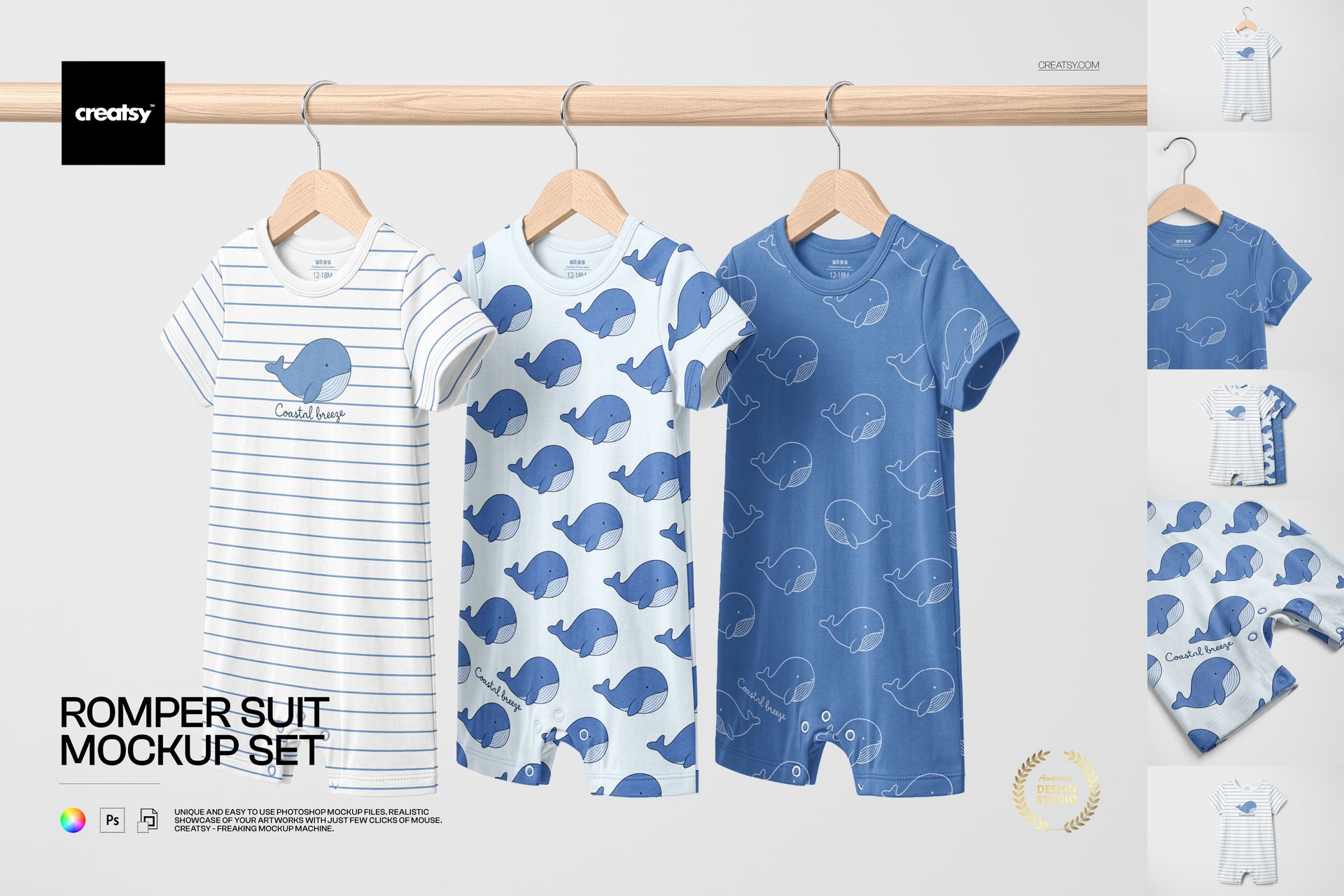 PSD mockup of baby romper suits with striped and whale prints in blue and white, displayed on hangers against a light background.
