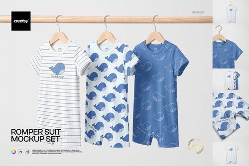 PSD mockup of baby romper suits with striped and whale prints in blue and white, displayed on hangers against a light background.