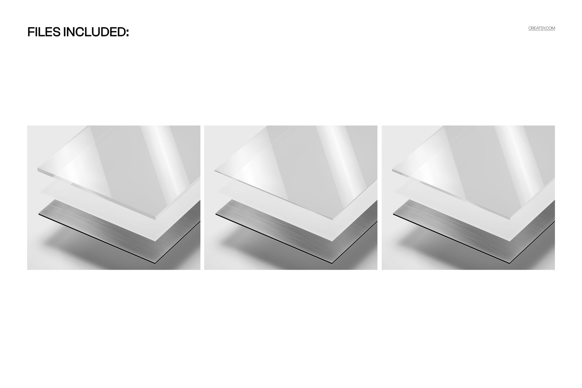 Three wall art mockup panels displayed in an exploded perspective, each with different acrylic glass thickness options.