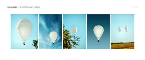 Hot air balloon mockup set featuring white balloons floating in the sky, shown from various front and side views.