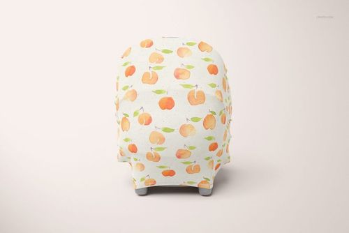 Front view of a multi-use cover with an orange fruit pattern, displayed on a neutral background in a PSD mockup.