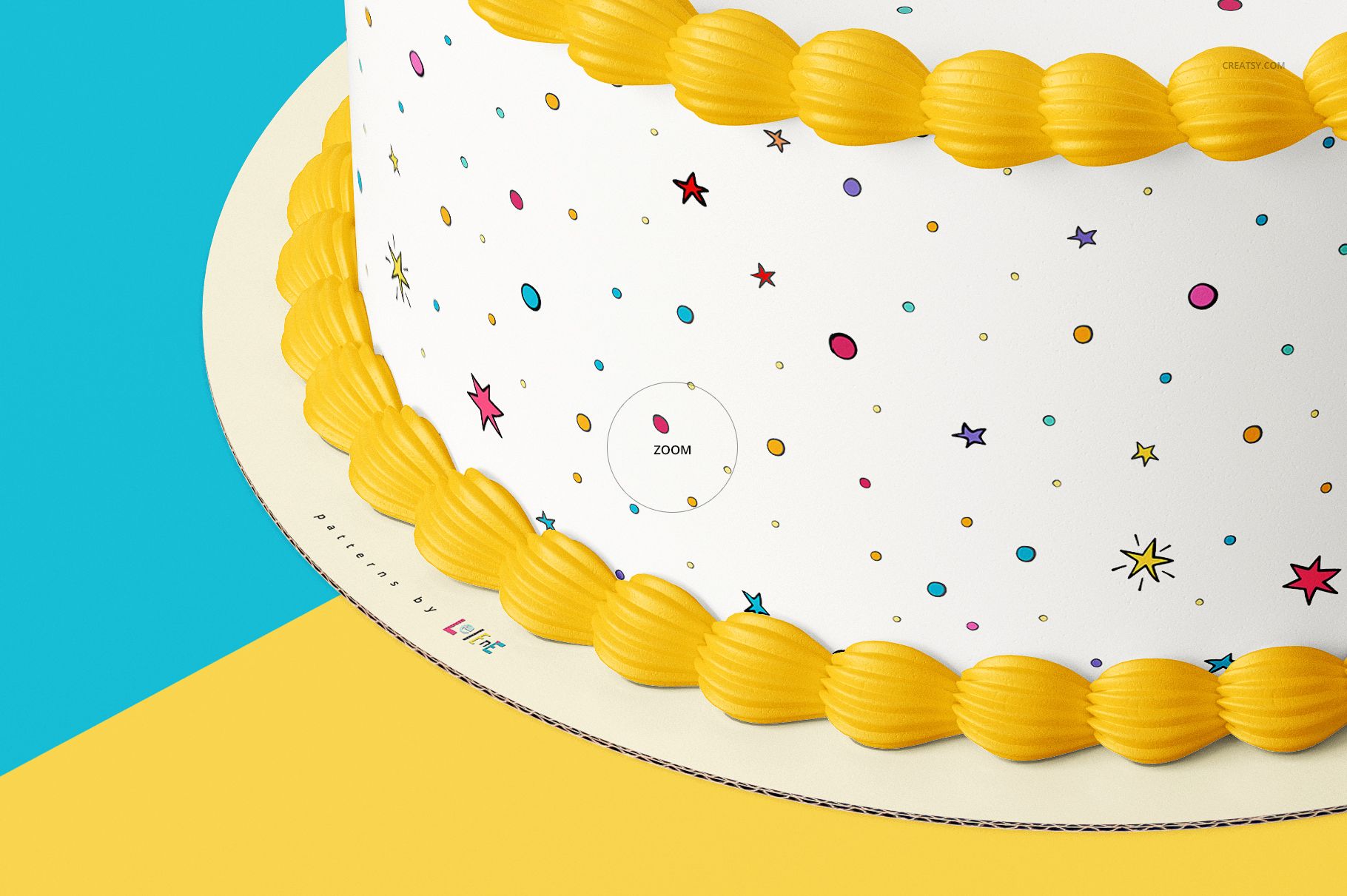 Edible cake topper mockup featuring a round cake with yellow frosting and a playful multicolor confetti pattern on the sides.