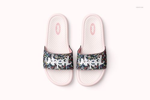 Slide sandals mockup showing two sandals side by side, featuring textured pink footbeds and bold patterned straps.