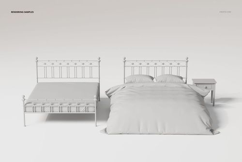 Front view of two vintage metal headboard beds with bedding and a small nightstand on a plain white background.
