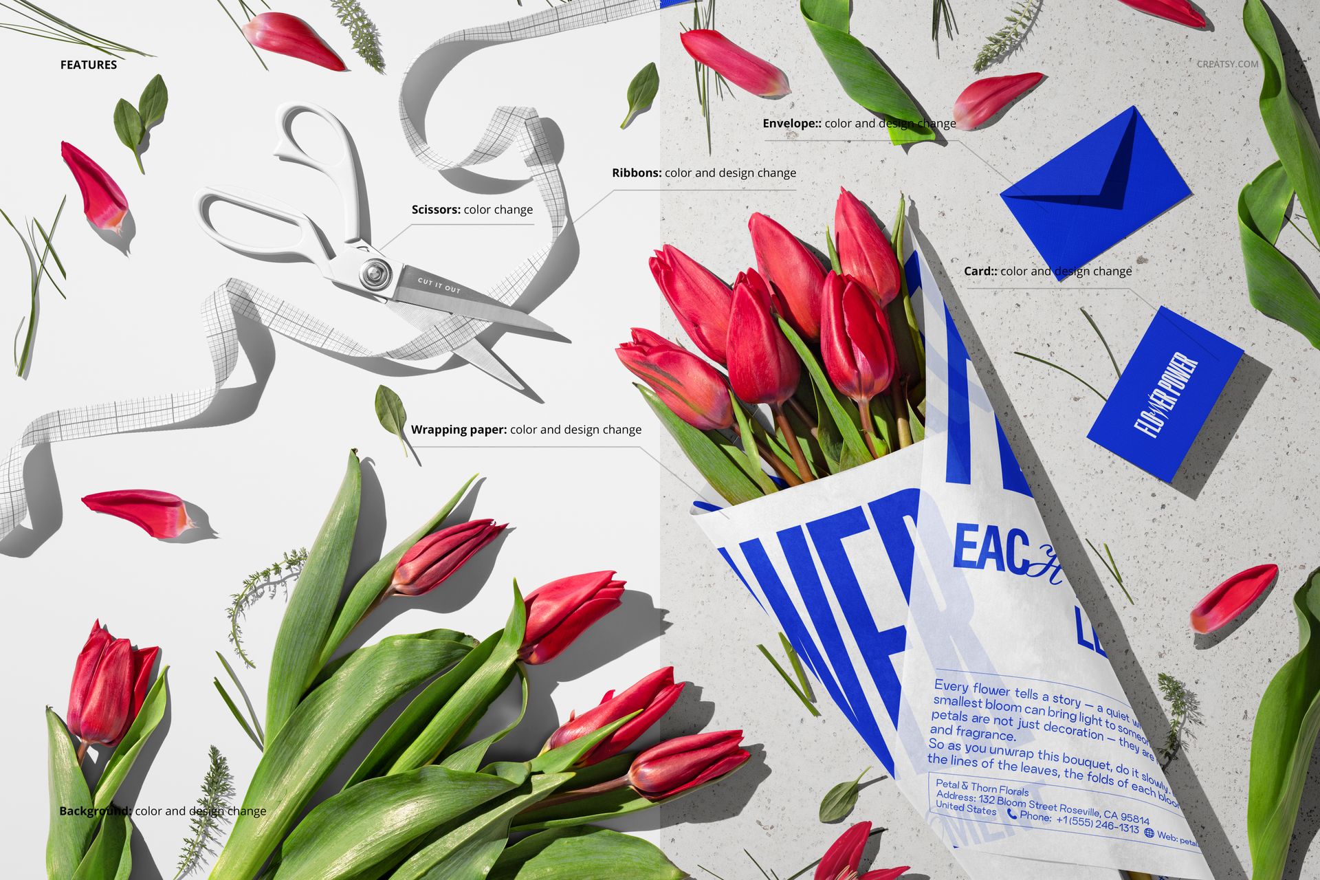 Close-up of tulips bouquet with custom wrapping paper mockup, blue envelope, and card on a textured background.