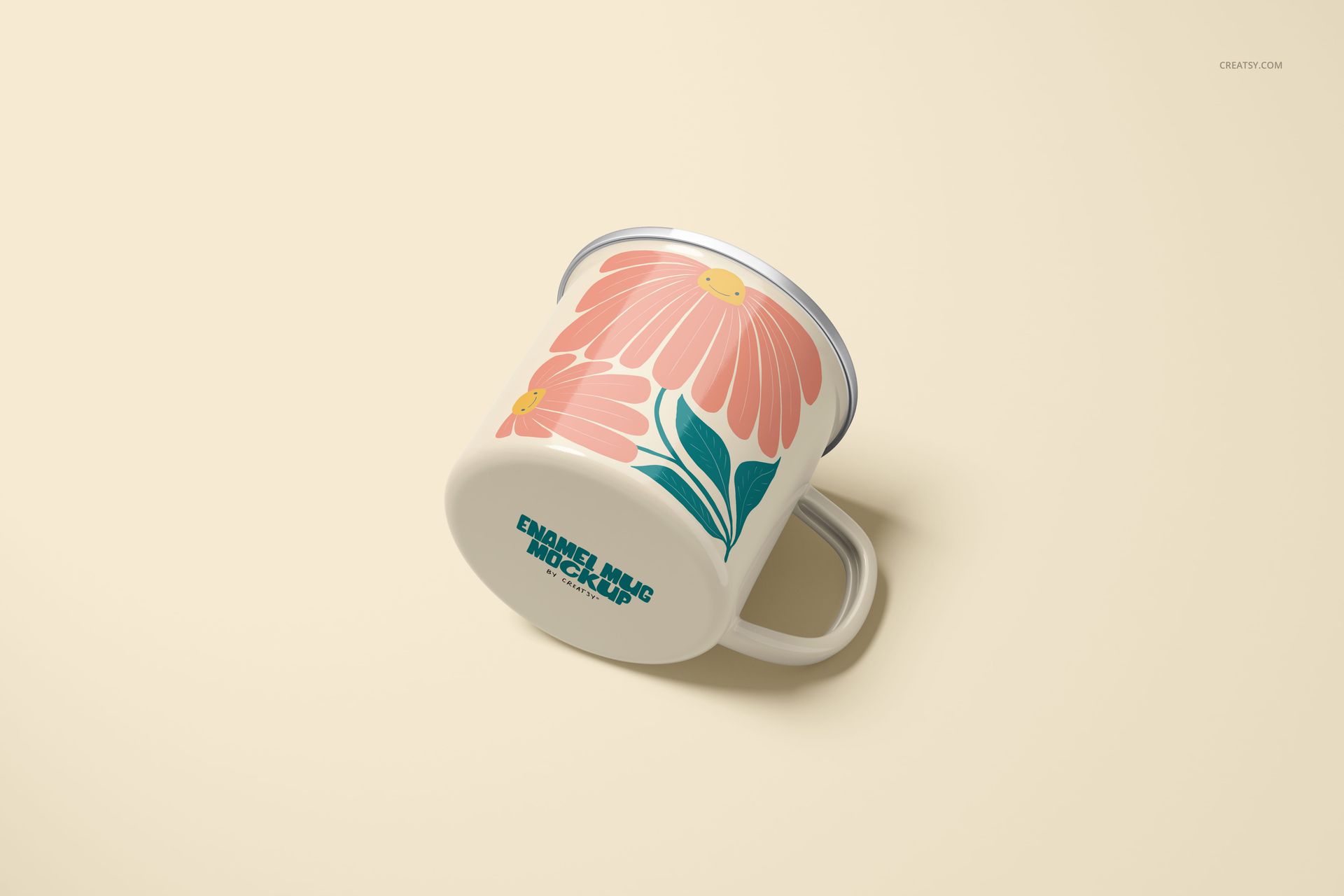 Front angled view of a 360ml enamel mug mockup with silver rim, decorated with large pastel flowers and green leaves.
