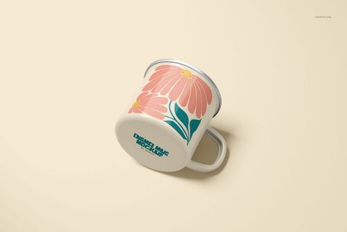 Front angled view of a 360ml enamel mug mockup with silver rim, decorated with large pastel flowers and green leaves.