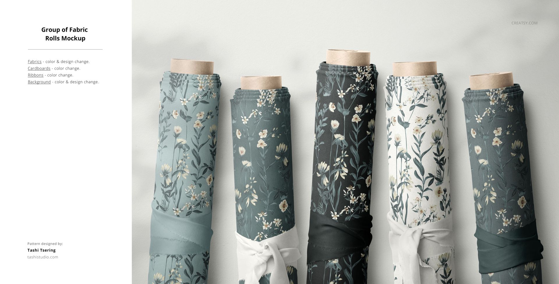 Front view of five fabric rolls standing upright, each featuring different floral patterns in muted blue, gray, and white tones.
