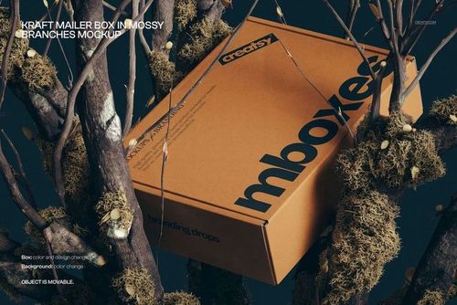 Kraft mailer box mockup featuring black lettering, set in a natural scene with mossy branches and golden leaves.