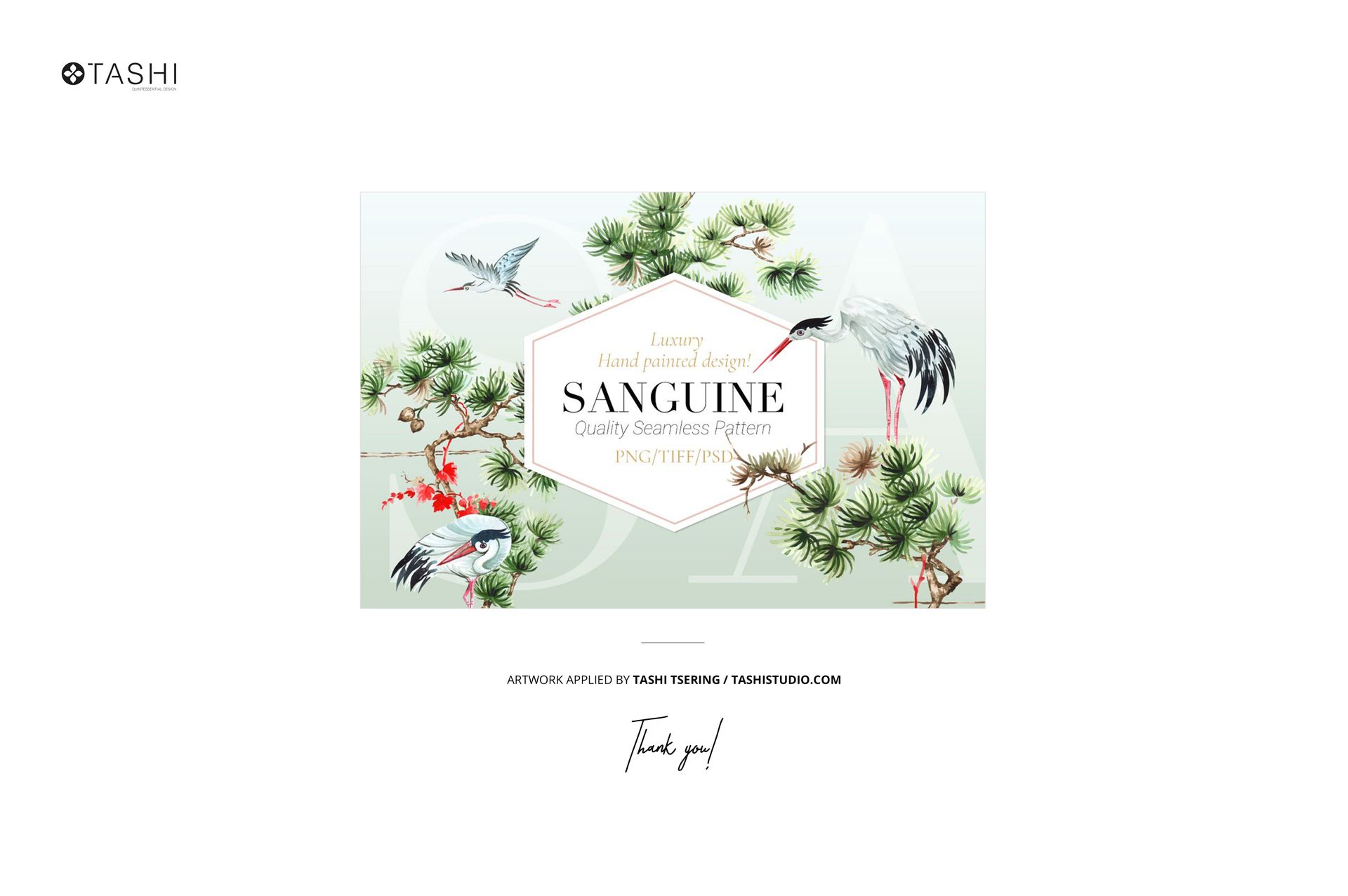 Front view of chopsticks and napkin mockup set featuring a nature-inspired pattern with birds and pine branches.