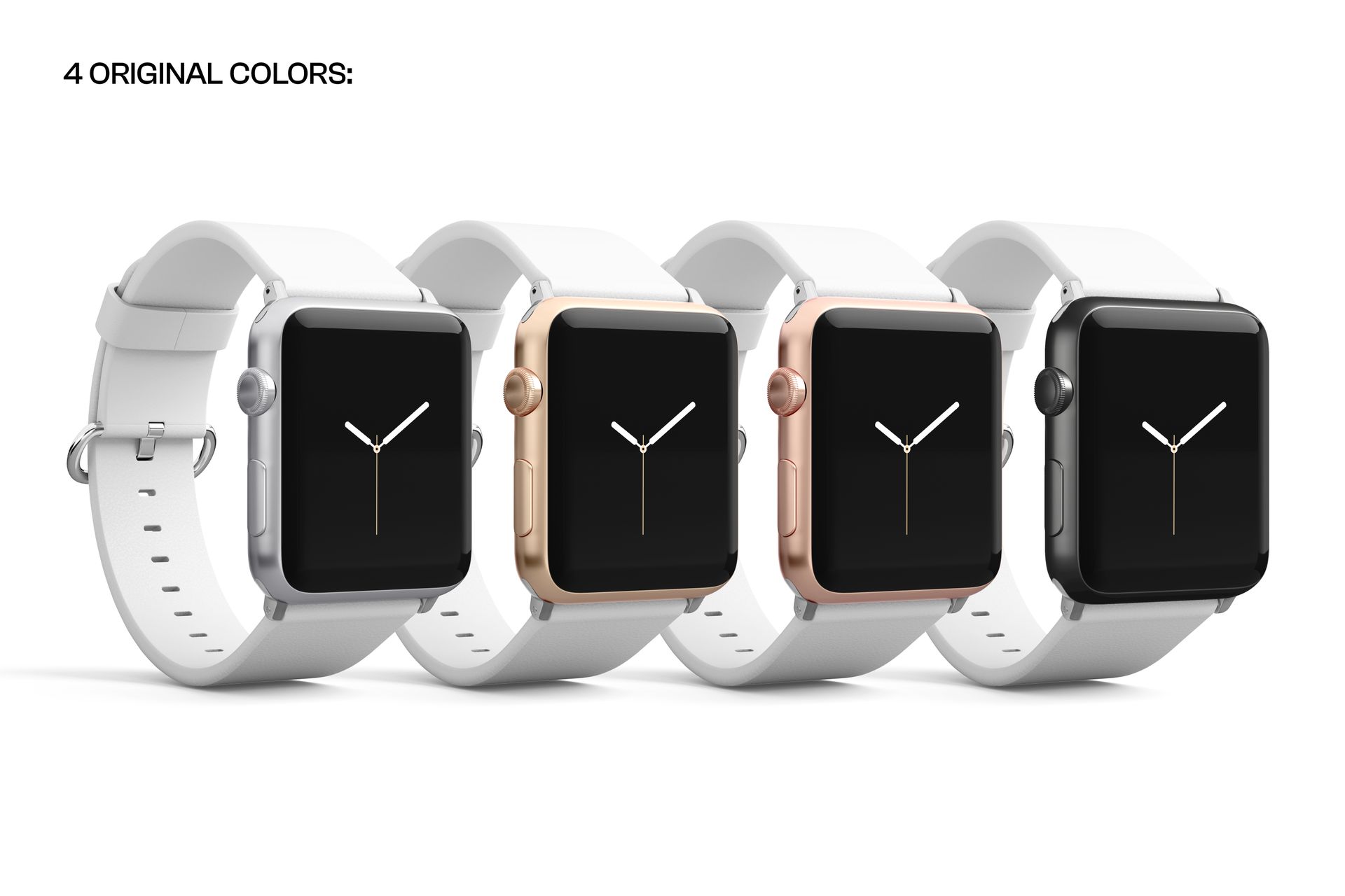 Apple Watch mockup set featuring four watches with white leather bands and distinct case finishes, front perspective.