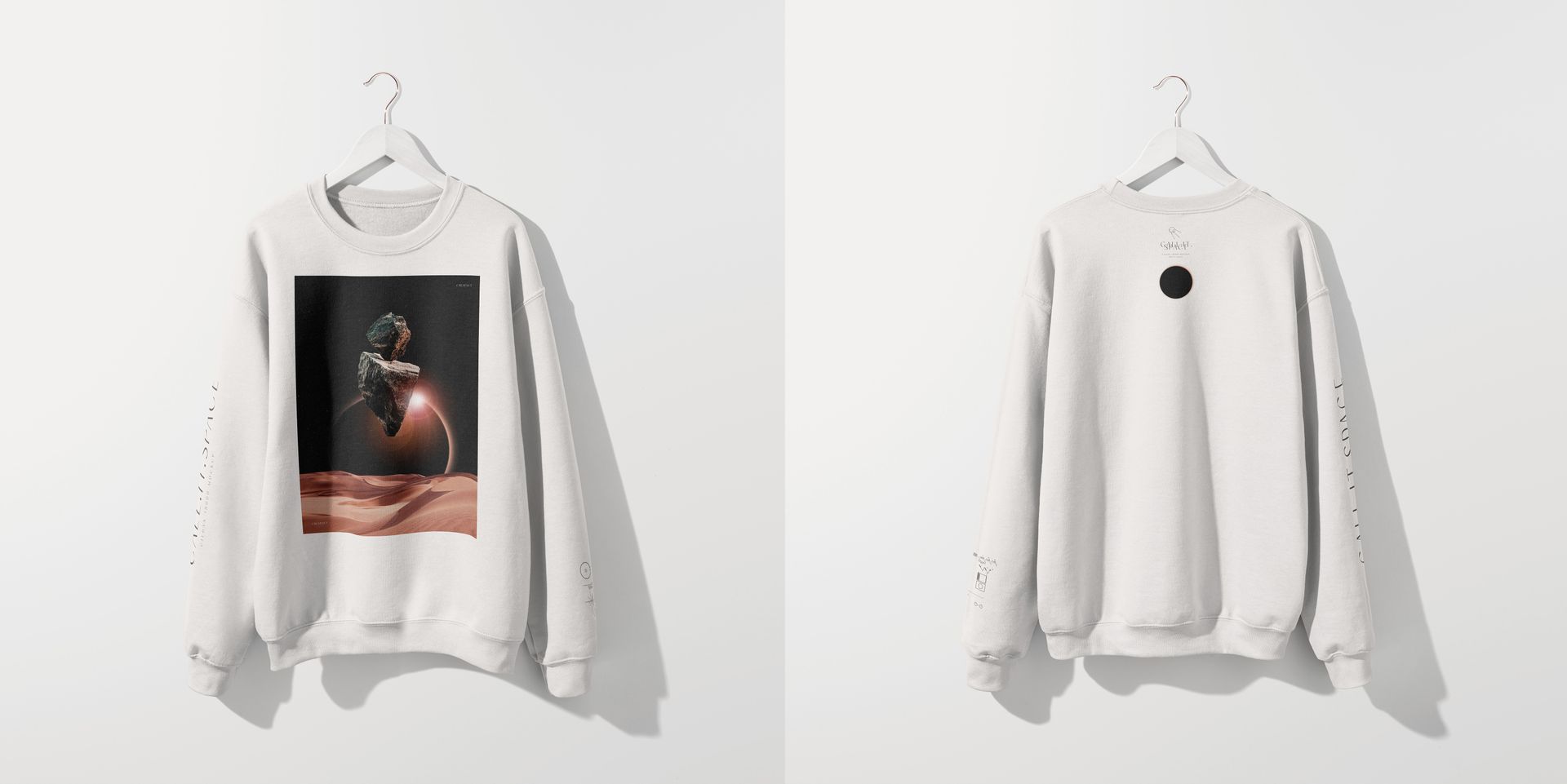 Gildan 18000 sweatshirt mockup showing front with astronaut artwork and plain back, both displayed on hangers.