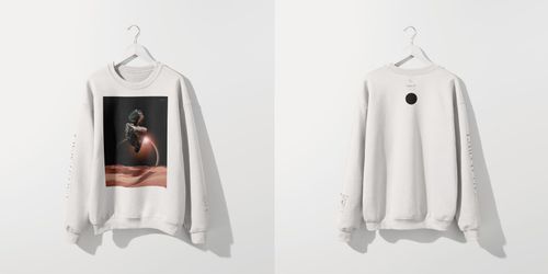 Gildan 18000 sweatshirt mockup showing front with astronaut artwork and plain back, both displayed on hangers.