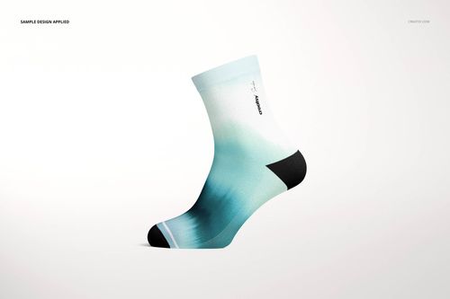 Short sock mockup with a gradient pattern in teal and white, black heel and toe, shown in side view on white background.