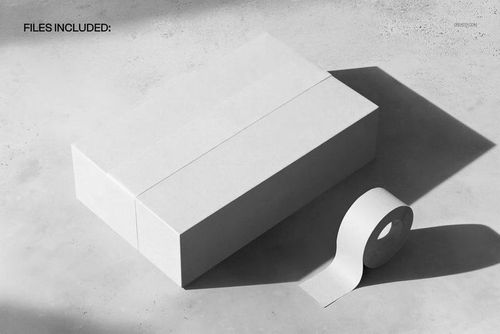 PSD mockup featuring a closed cardboard box with packaging tape and a tape roll, viewed from above on a textured background.