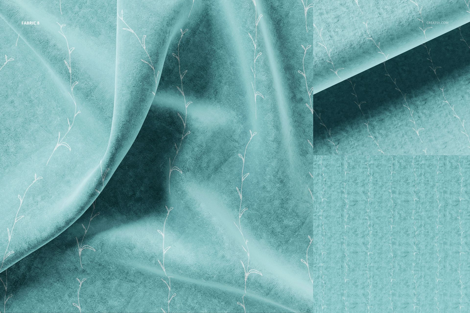 A set of light blue fabric tester mockups featuring delicate white vine designs and visible textile texture.