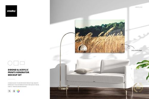 Front view of a contemporary space with a white couch, tall lamp, and a mockup print of golden wheat outdoors.