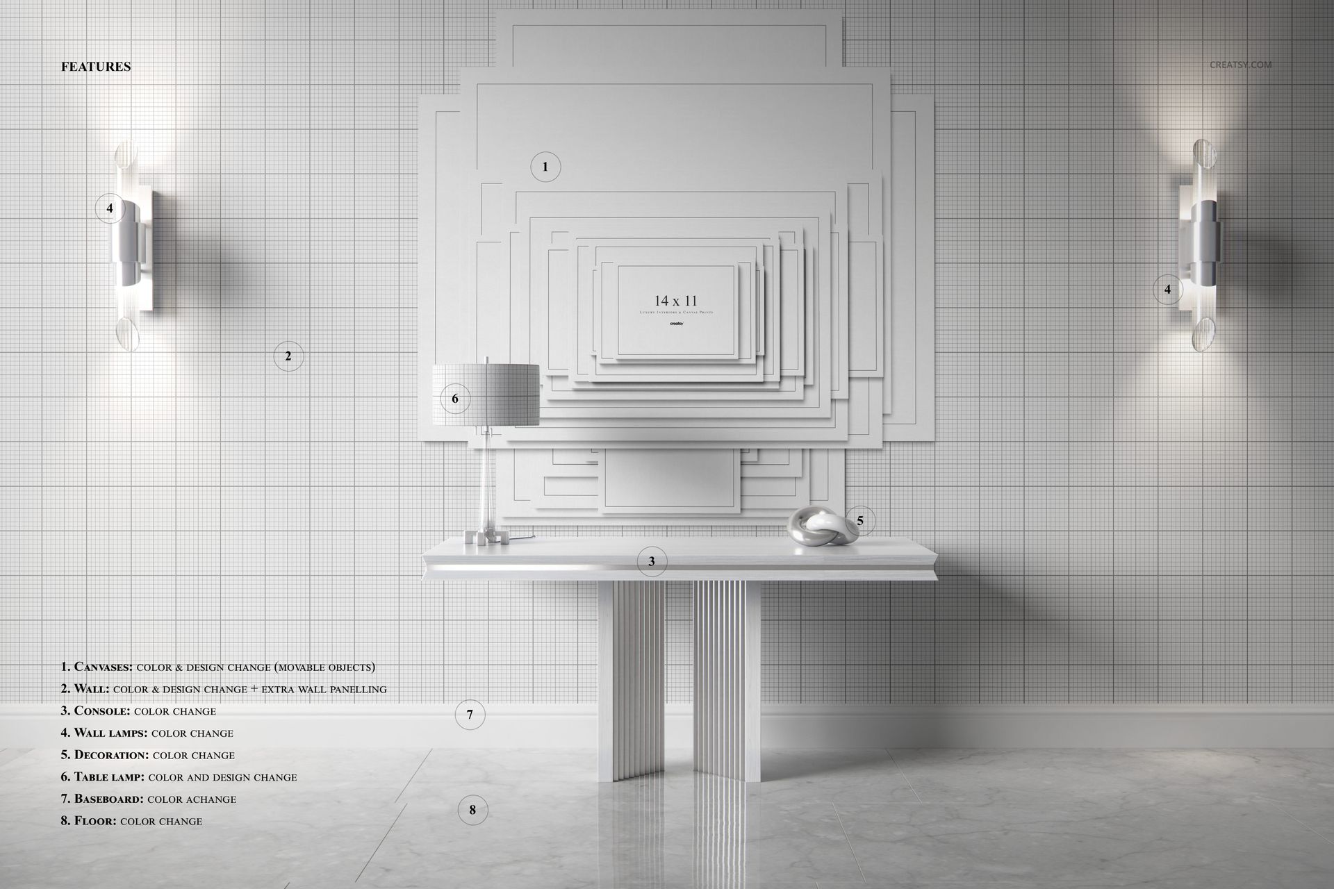Front view of a luxury console table beneath a layered canvas print mockup, with grid-patterned wall and modern lamps.