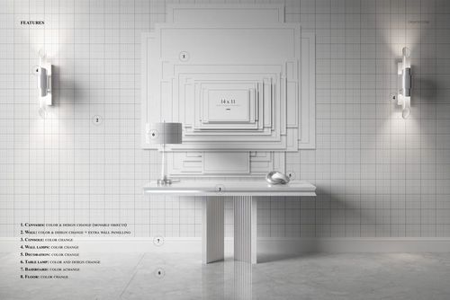 Front view of a luxury console table beneath a layered canvas print mockup, with grid-patterned wall and modern lamps.