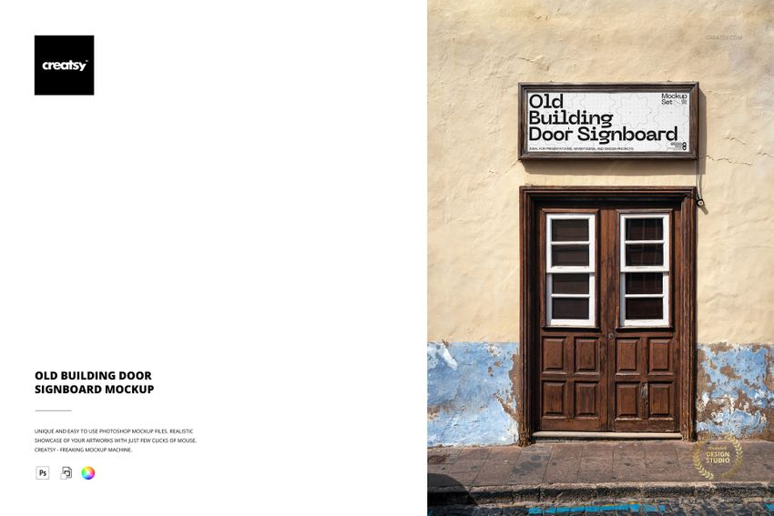 PSD mockup featuring a rustic double wooden door and a white signboard on a faded exterior wall with blue paint accents.