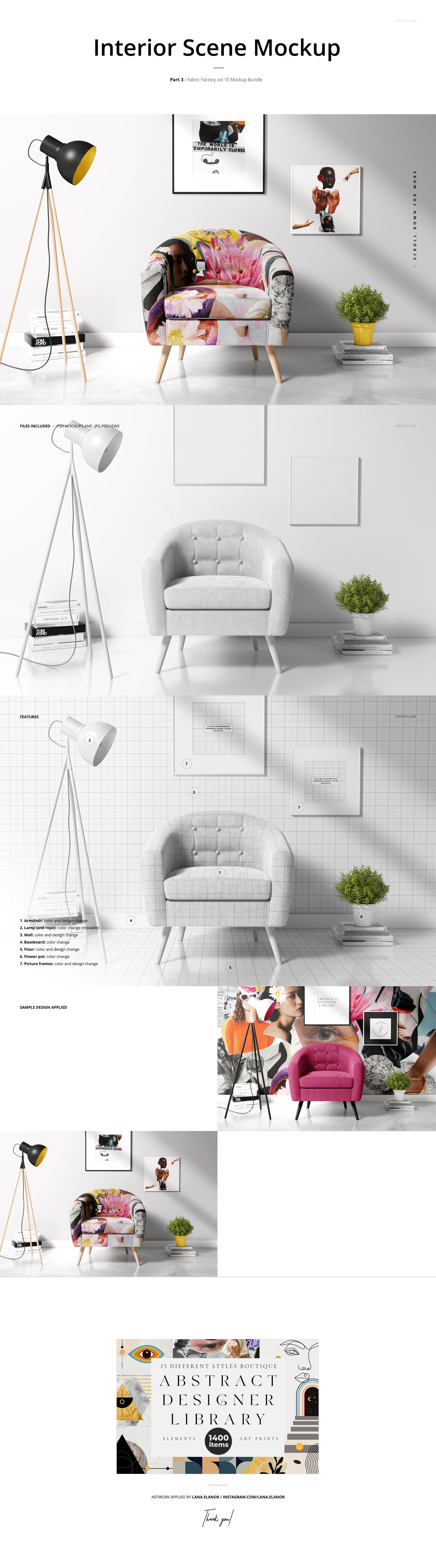 Armchair mockup in a modern interior scene with white walls, floor lamp, small table, and green plant decor.
