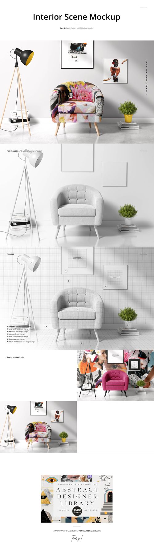 Armchair mockup in a modern interior scene with white walls, floor lamp, small table, and green plant decor.