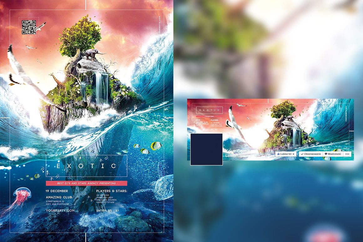 Front view of a poster mockup featuring a floating island with a tree, waterfalls, and birds, set against a vibrant ocean scene.