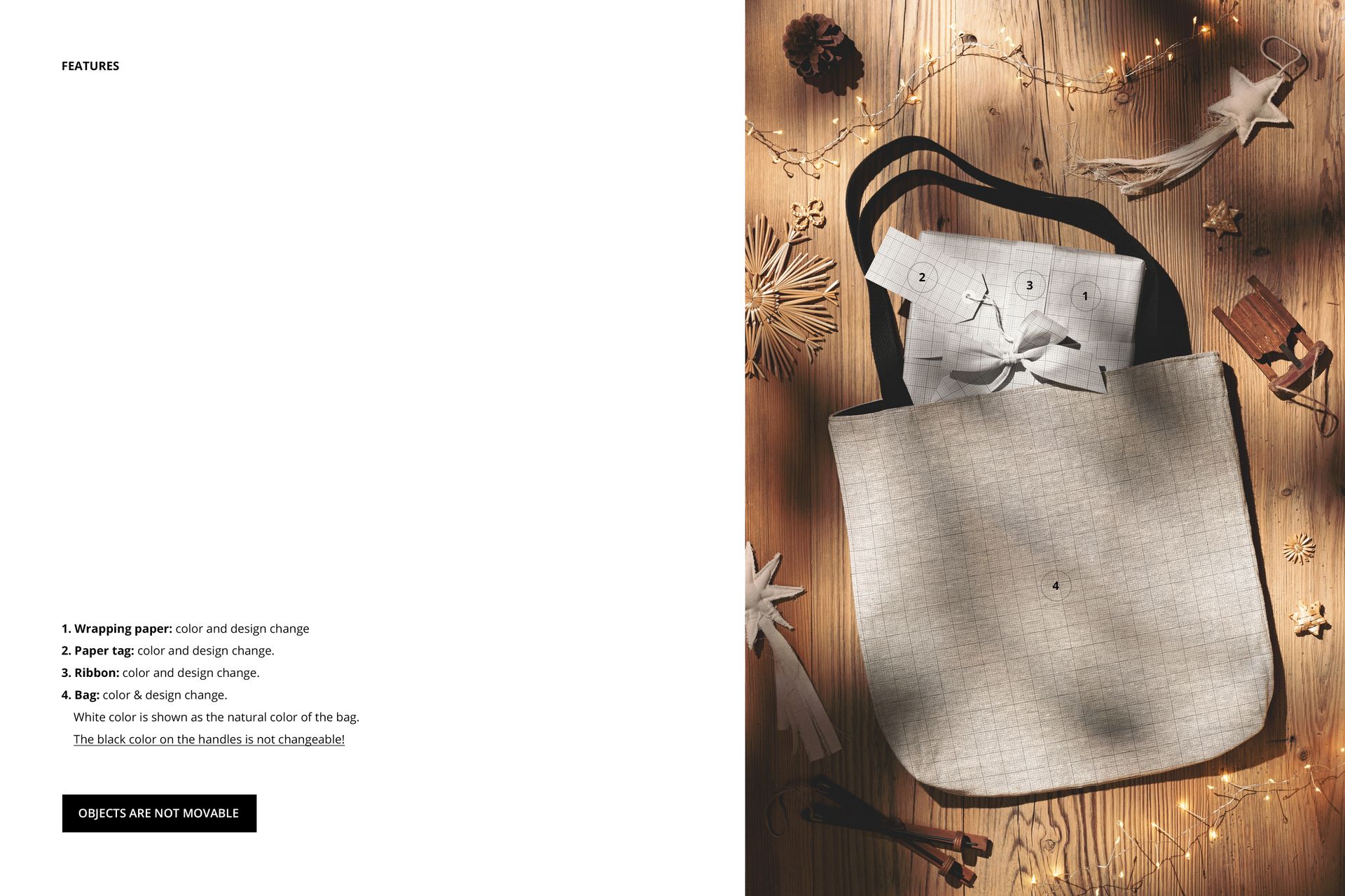 Woven tote bag mockup with black handles on a wooden surface, surrounded by Christmas lights and festive decorations.