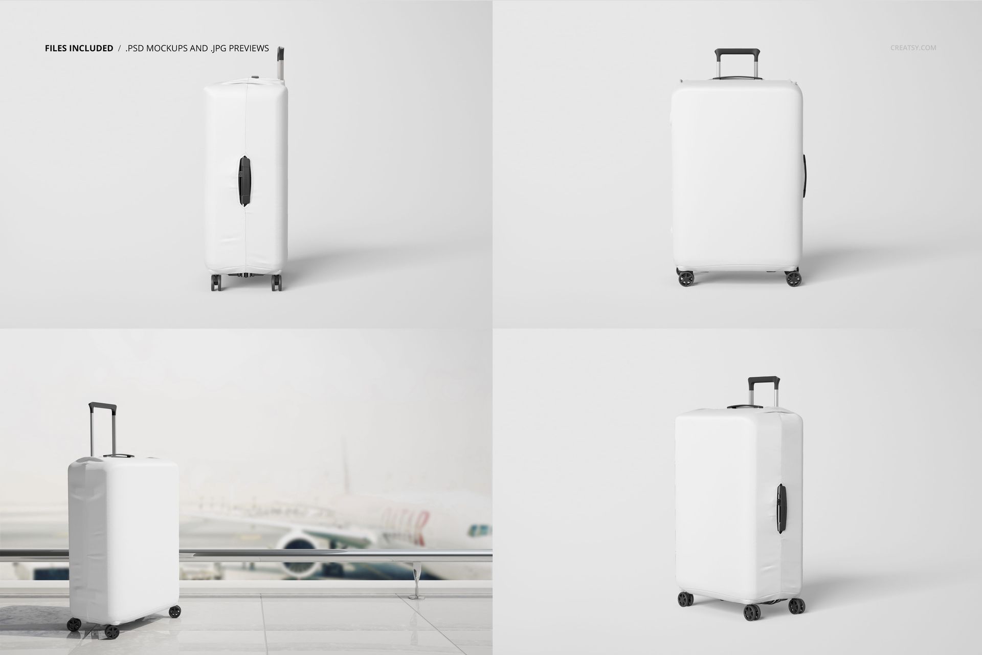 White suitcase luggage covers displayed in four mockup scenes, showing different angles and airport background.