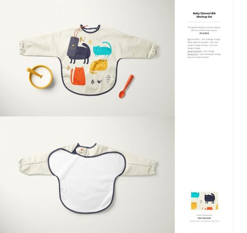 Mockup of a baby bib with sleeves featuring playful cat illustrations, shown with a spoon and bowl on a neutral surface.