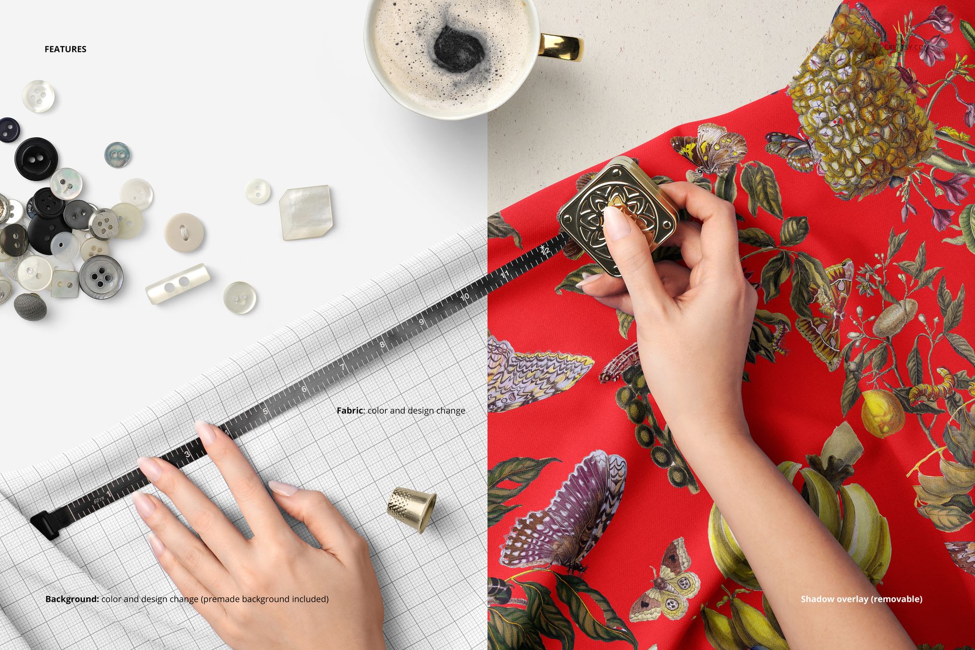 PSD mockup showing fabric being measured with a sartorial meter, surrounded by sewing items and colorful textile designs.