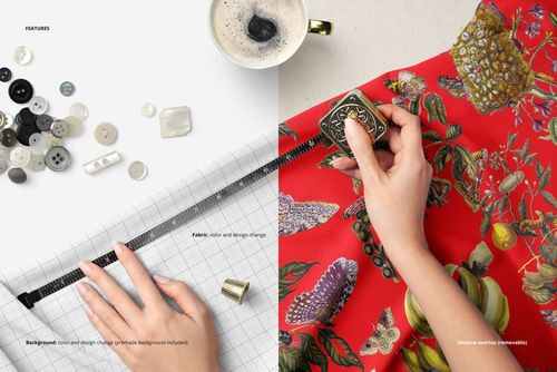 PSD mockup showing fabric being measured with a sartorial meter, surrounded by sewing items and colorful textile designs.