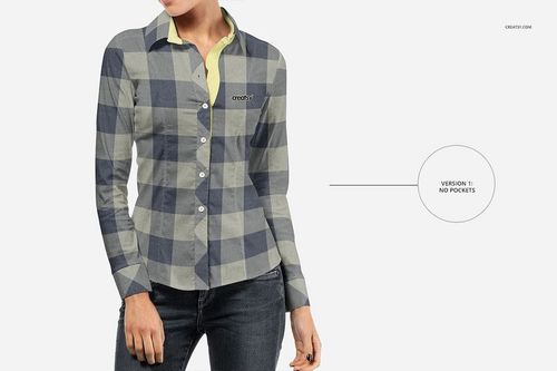 Front view of a women's dress shirt mockup with a large plaid pattern in gray and blue, shown without pockets.